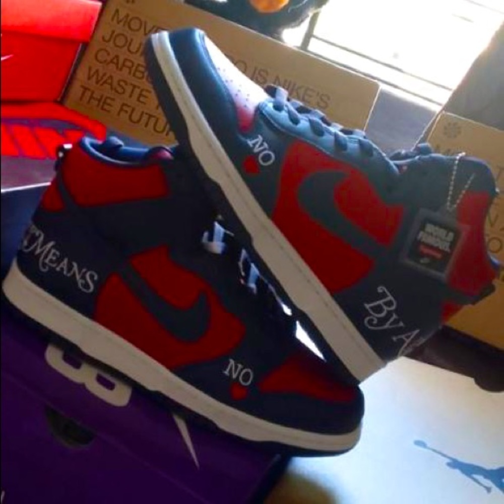 Nike x Supreme Dunk High SB “By Any Means” Red, Navy (Size 9)